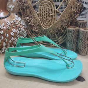 EUC Crocs Serena Sexy Flip Flop Sandals Womens 10 Slingback Thong Teal Green